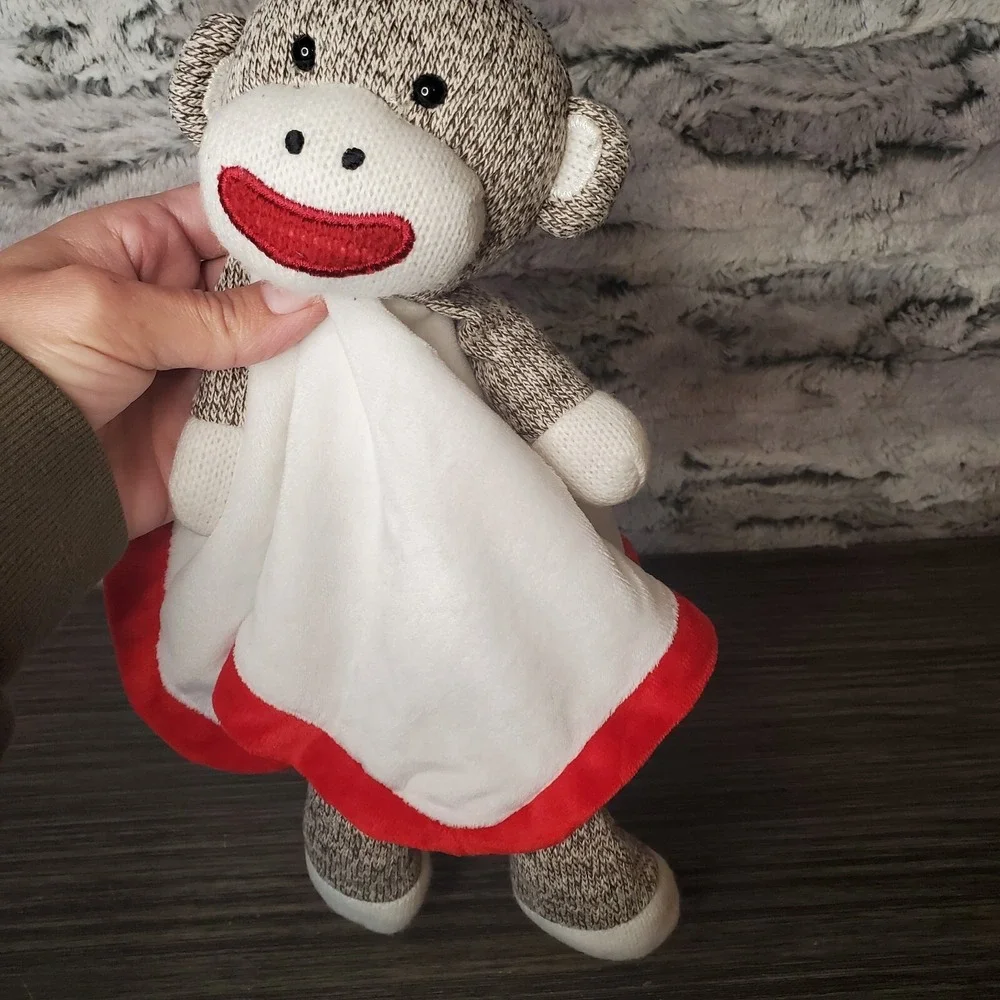 Baby Starters Sock Monkey Red White‎ Satin RATTLE Security Blanket Lovey 12 inch